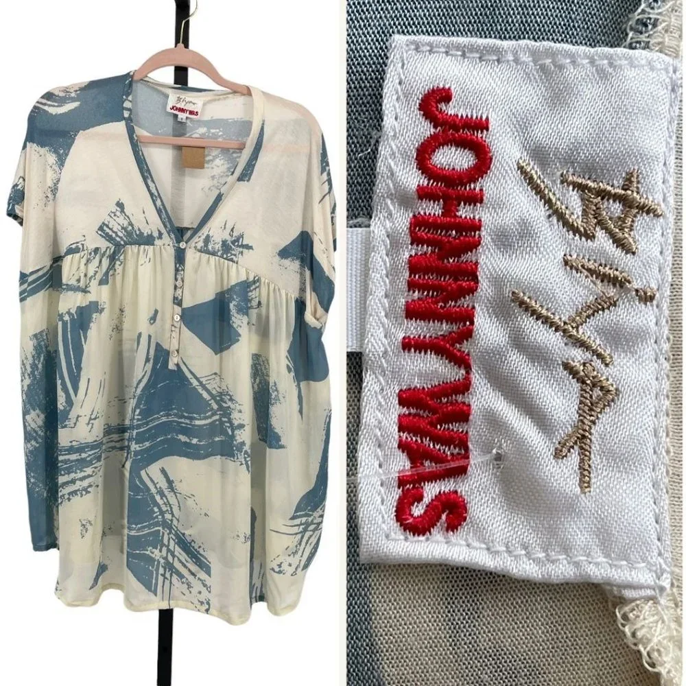 Johnny Was Biya Silk & Knit Popover Blouse Top Womens S Oversize Watercolor Blue - Picture 1 of 8